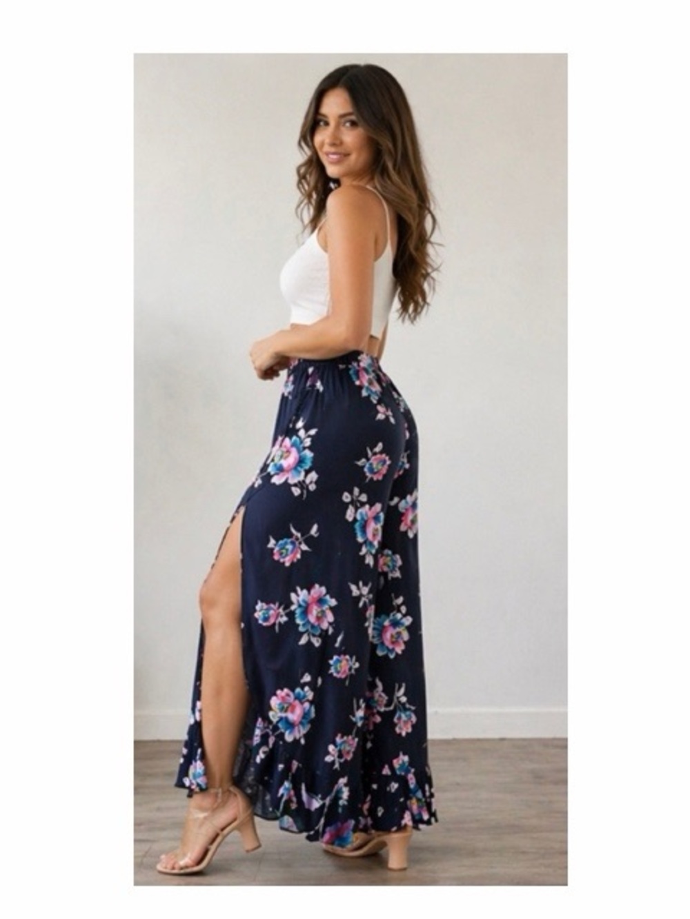 Floral Slit Leg Ruffle Wide Leg Palazzo Pants - Picture 5 of 7